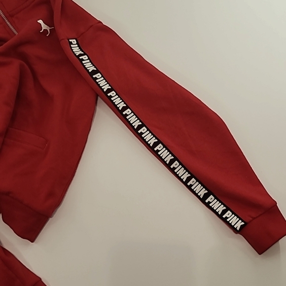PINK VICTORIA'S SECRET Red Quarter Zip Sweatshirt Black Logo Down Arms -Size XS - Picture 7 of 14